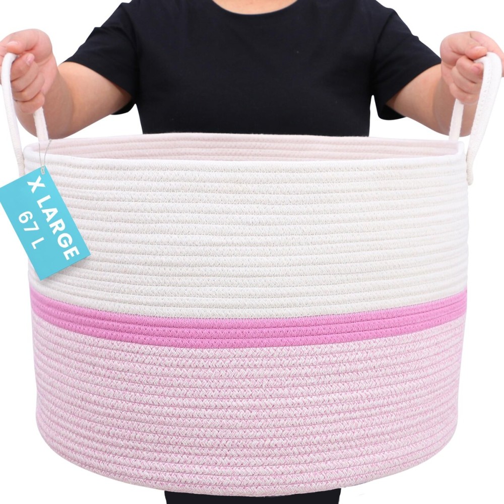 OrganiHaus Large Woven Storage Basket for Blankets and Toys 20 x 13 Inch, Rope Laundry Basket with Handles, Cushions & Pillows Storage Bin, Nursery Hamper, Soft Round Dog Toy Bin - Pink Stripe