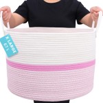 OrganiHaus Large Woven Storage Basket for Blankets and Toys 20 x 13 Inch, Rope Laundry Basket with Handles, Cushions & Pillows Storage Bin, Nursery Hamper, Soft Round Dog Toy Bin - Pink Stripe