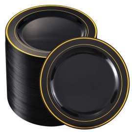 bUCLA 100 Pieces Black and Gold Plastic Dessert Plates - 7.5inch Disposable Salad/Appetizer Plates - Ideal for Party, Graduation & New Year