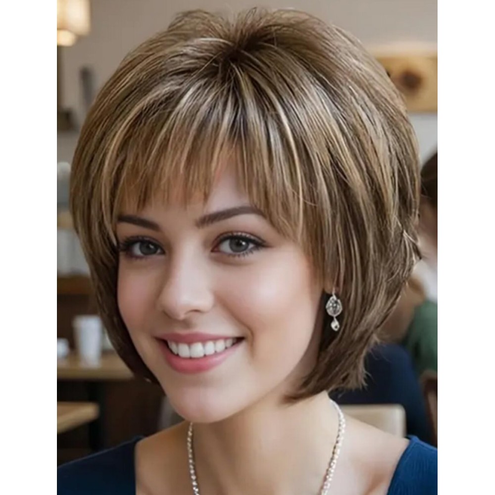 TISHINING Brown Short Hair Wigs for White Women Brown Mix Blonde Pixie Cut Wig with Bangs Brown with Blonde Highlights Straight Synthetic Natural Looking Daily Party Wig
