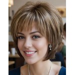 TISHINING Brown Short Hair Wigs for White Women Brown Mix Blonde Pixie Cut Wig with Bangs Brown with Blonde Highlights Straight Synthetic Natural Looking Daily Party Wig