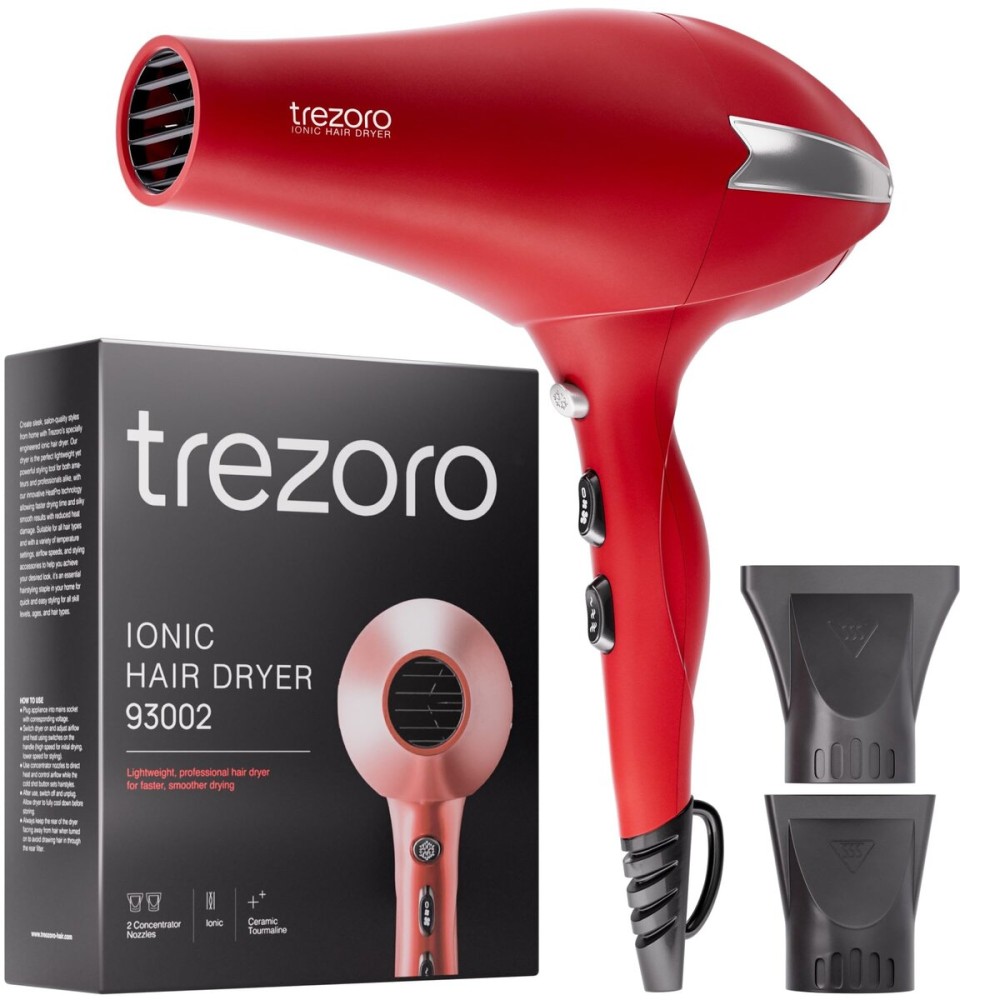 TREZORO Professional Blow Dryer for Women - Ionic Hair Dryer 2000W for Salon & Personal Use - Powerful, Fast & Quiet Drying for Curly Hair, Unwanted Frizz - Design for Travel - 8.2ft Cord - Red
