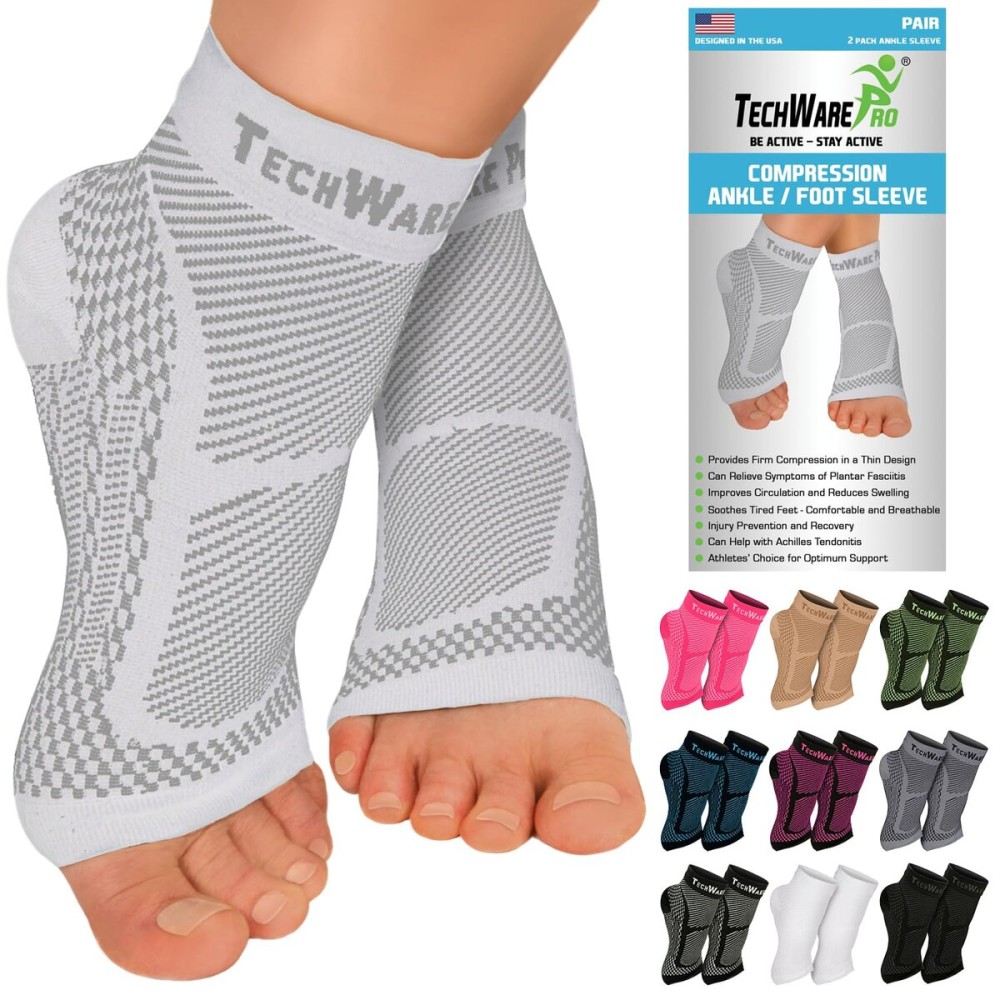 TechWare Pro Ankle Brace Compression Sleeve - Relieves Achilles Tendonitis, Joint Pain. Plantar Fasciitis Foot Sock with Arch Support Reduces Swelling & Heel Spur Pain. (White, L/XL)