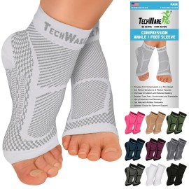 TechWare Pro Ankle Brace Compression Sleeve - Relieves Achilles Tendonitis, Joint Pain. Plantar Fasciitis Foot Sock with Arch Support Reduces Swelling & Heel Spur Pain. (White, XXL)