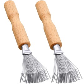 Boao Hair Brush Cleaner, 2 Pieces Mini Hair Dirt Remover Brush with Metal Wire Rake, Wooden Handle for Home and Salon Use(Handle with Groove)