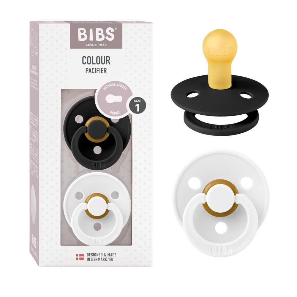 BIBS Pacifiers Colour Collection | Natural Rubber Baby Pacifier | Set of 2 BPA-Free Soothers | Made in Denmark | 0+ Months (Pack of 2) | Black/White