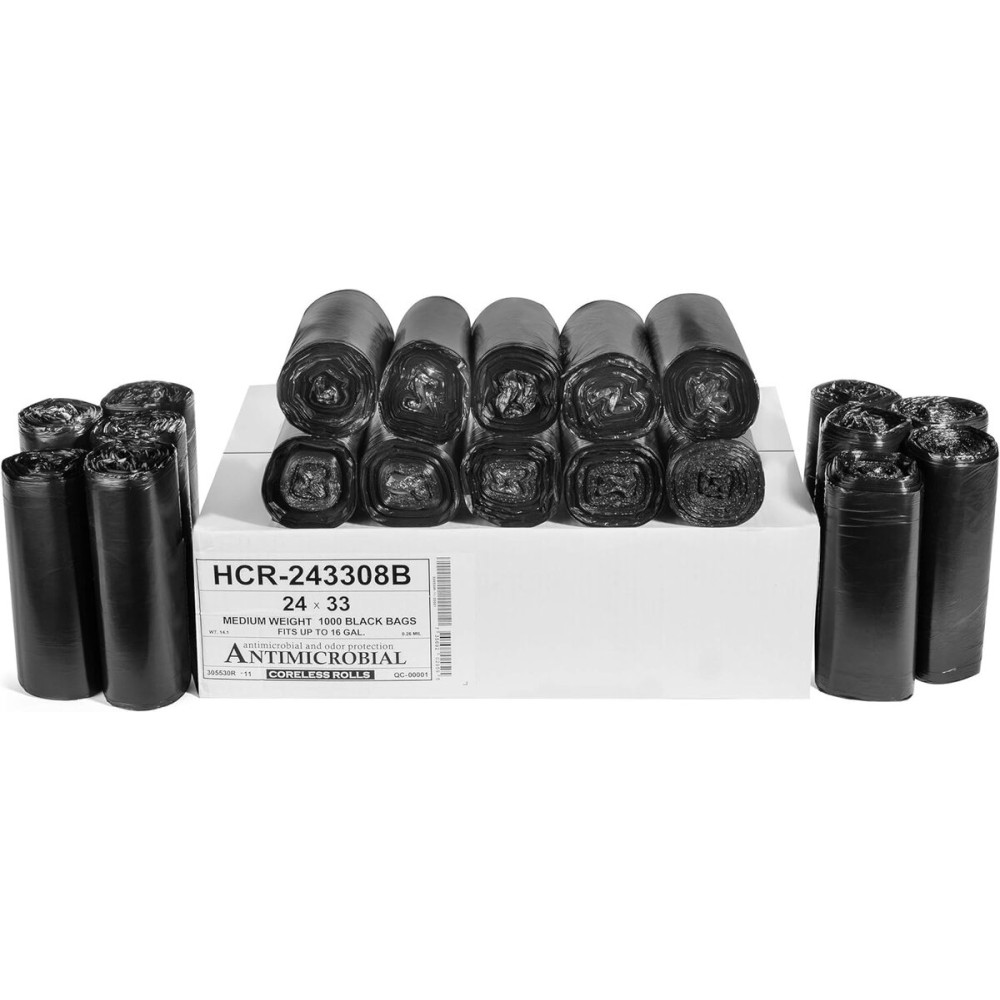 Aluf Plastics High Density Trash Bags, 16 Gallon, 1000 Count, 8 Micron (eq), 24 x 33, Black, for Bathroom, Office, Industrial, Commercial, Janitorial, Municipal, Recycling