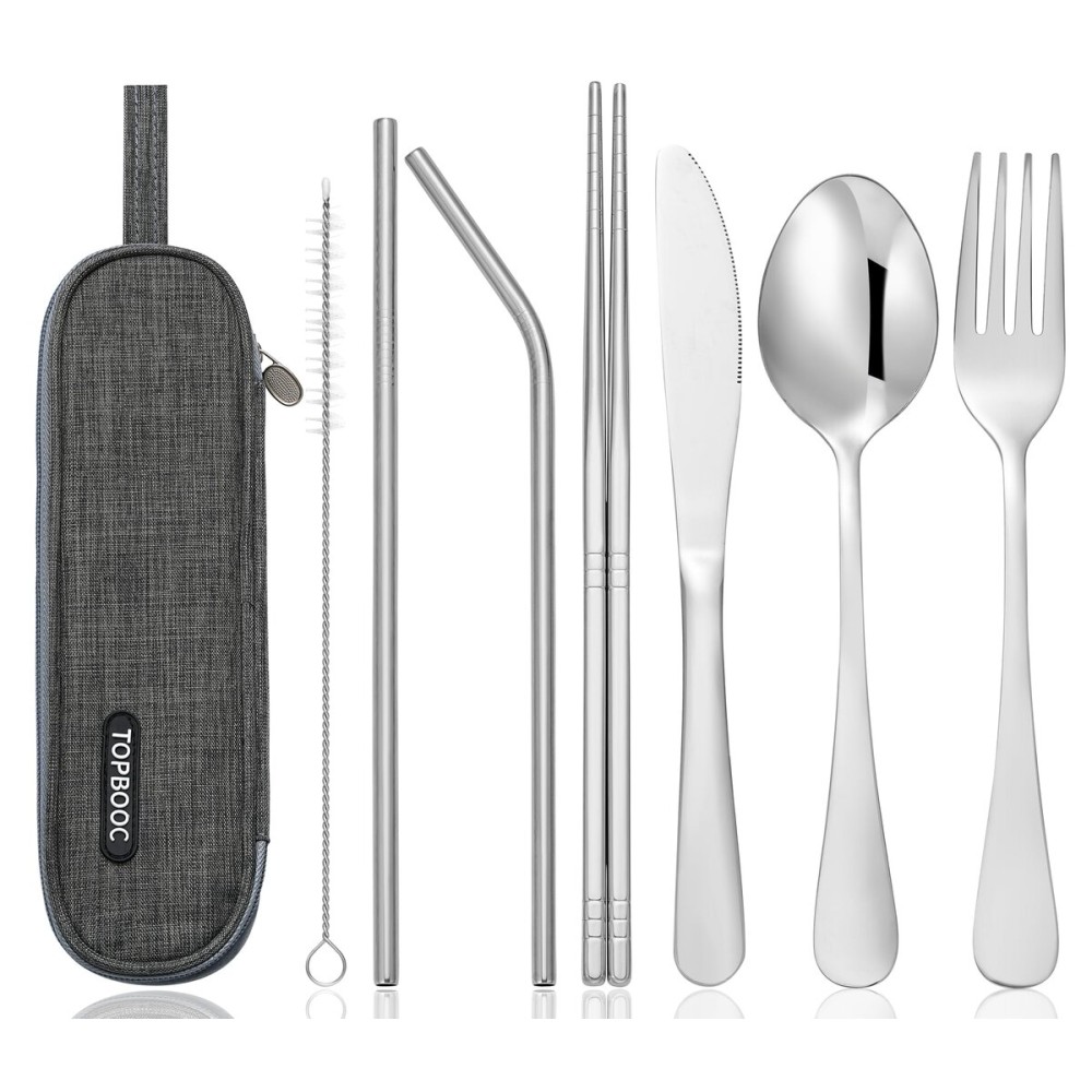 Travel Stainless Steel Utensils Set with Case - 8-Piece Reusable Flatware Kit Includes Fork, Knife, Spoon, Chopsticks, Straws, Brush & Bag - Portable Cutlery for Camping, Work, Picnic (Silver)