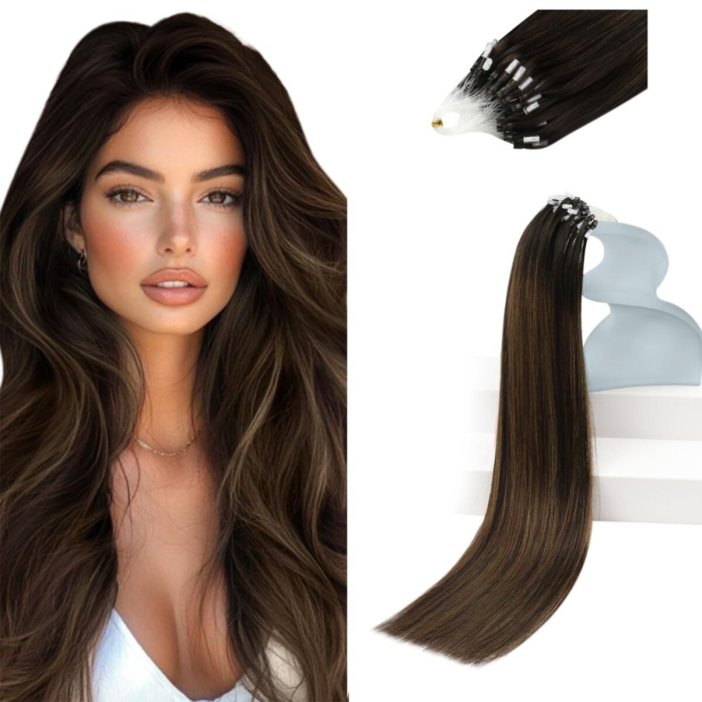 Sunny Hair Micro Link Hair Extensions Human Hair Soft Micro Loop Hair Extensions Natural Microlink Hair Extensions Human Hair Dark Brown Balayage Medium Brown Micro Beads Extensions 16inch 55g