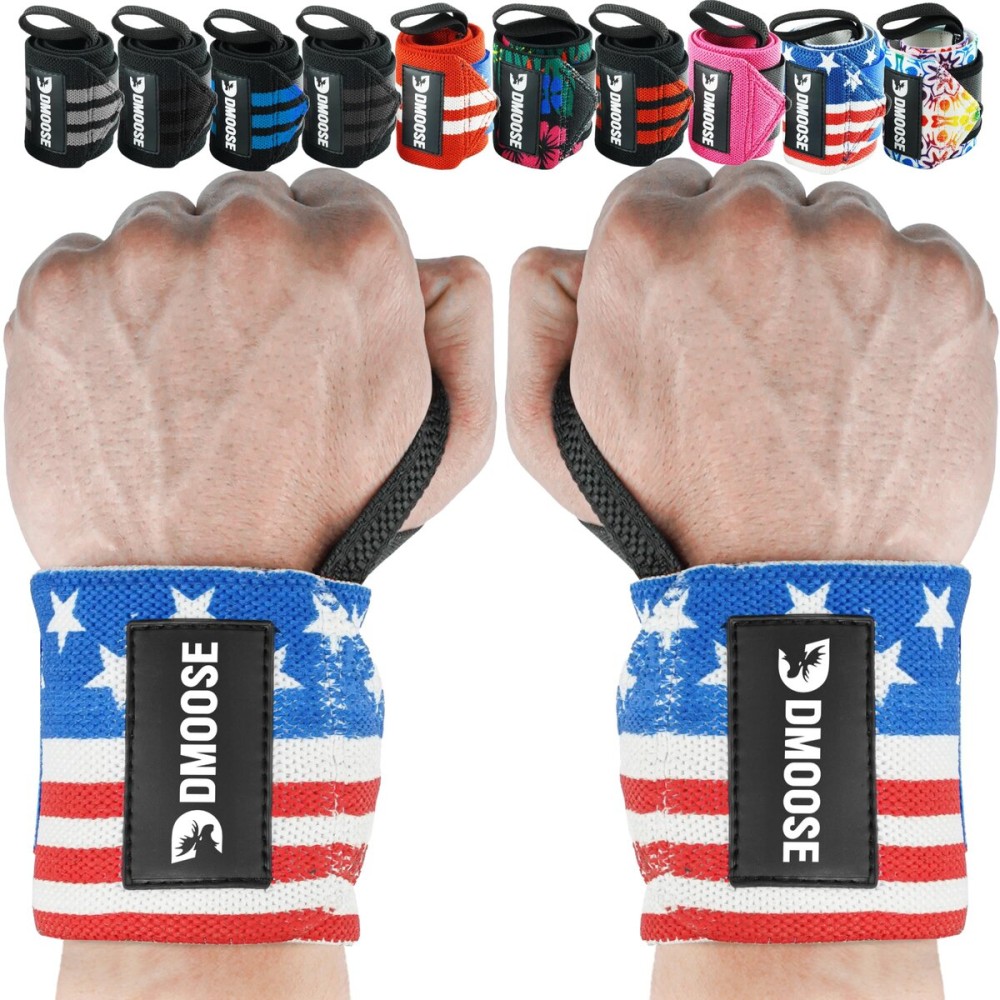 DMoose Wrist Wraps Weightlifting Men 12 and 18 Inches Thumb Loops with Wrist Support for Workouts Powerlifting Wrist Straps for Weight Lifting Men and Women American III