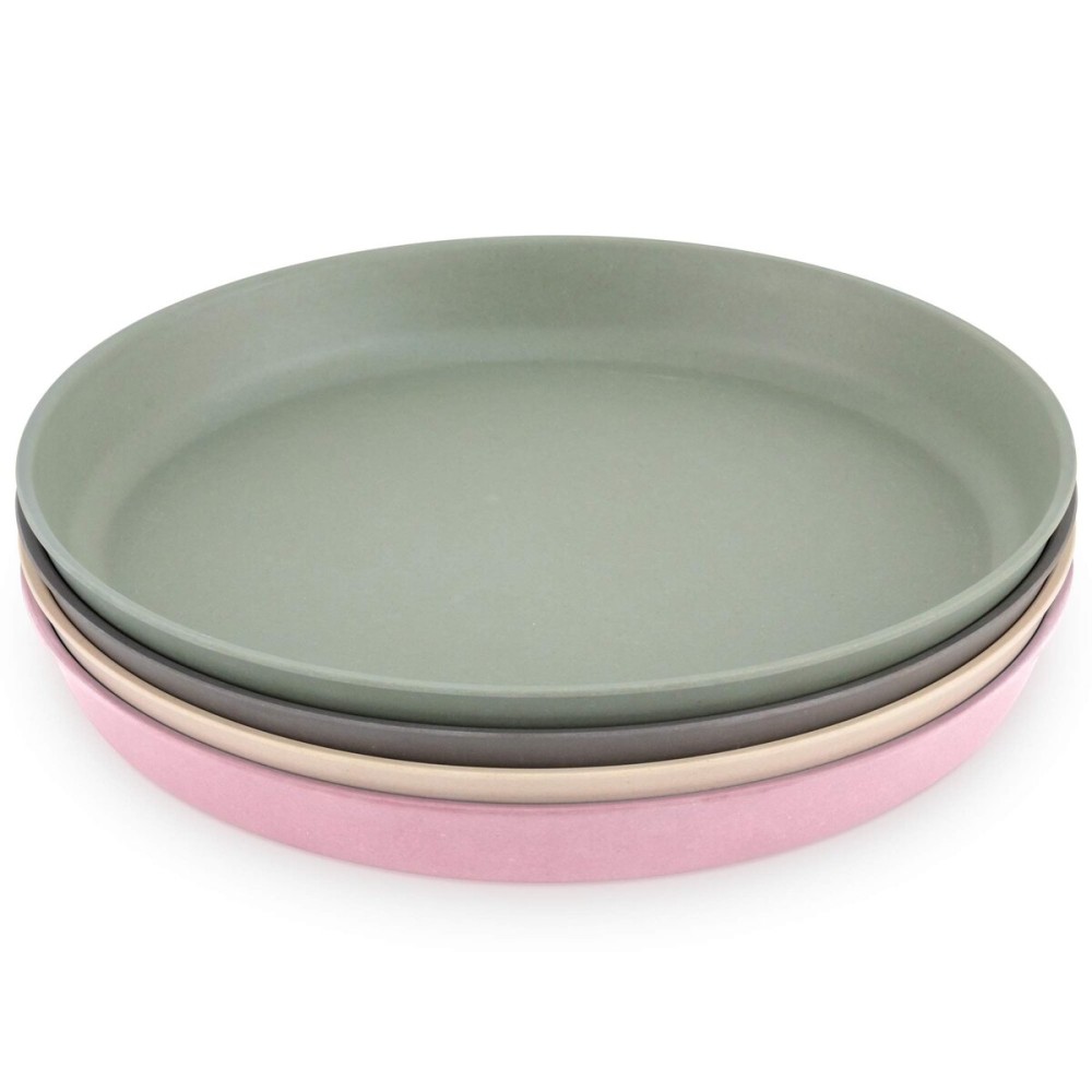 WeeSprout Bamboo Plates, Set of 4, Kid-Sized Dinnerware, Dishwasher Safe Melamine Dishware (Pink, Green, Gray, & Beige, Without Lids)