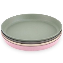 WeeSprout Bamboo Plates, Set of 4, Kid-Sized Dinnerware, Dishwasher Safe Melamine Dishware (Pink, Green, Gray, & Beige, Without Lids)