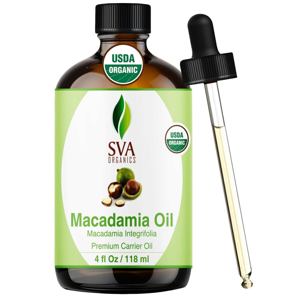 SVA Macadamia Seed Oil Organic - 4 Fl Oz - 100% Natural Cold Pressed Organic Macadamia Oil - for Face, Skin Care, Hair Care, Scalp Massage & Body Massage - Carrier Oil with Dropper