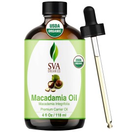 SVA Macadamia Seed Oil Organic - 4 Fl Oz - 100% Natural Cold Pressed Organic Macadamia Oil - for Face, Skin Care, Hair Care, Scalp Massage & Body Massage - Carrier Oil with Dropper