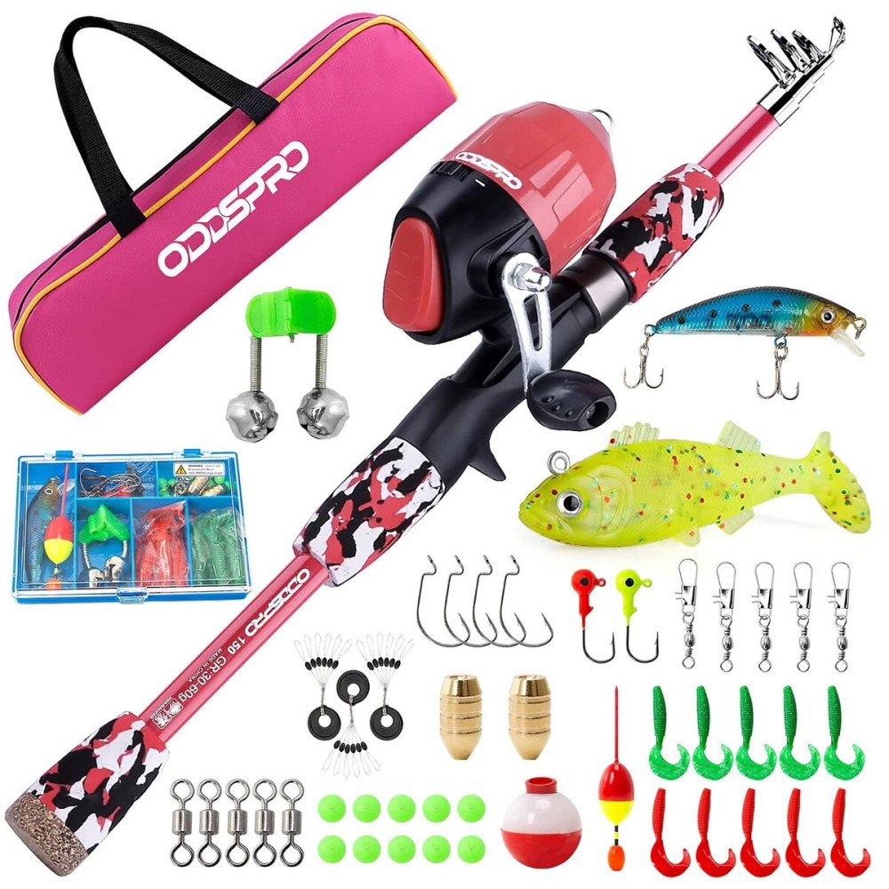 ODDSPRO Kids Fishing Pole - Kids Fishing Starter Kit - with Tackle Box, Reel, Practice Plug, Beginner\'s Guide and Travel Bag for Boys, Girls
