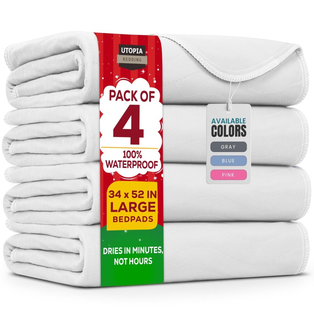 Utopia Bedding Washable Underpads 34 x 52 (Pack of 4), Waterproof Reusable Heavy Absorbency Incontinence Bed Pads for Adults, Kids, Elderly and Pets, Bedwetting Pads for Sofa and Couch (White)