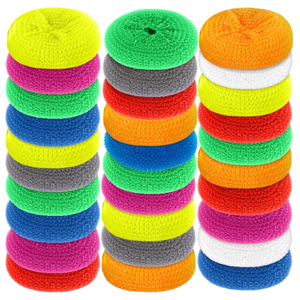 Blulu Plastic Dish Scrubbers for Dishes Pot Round Nylon Pad, Mesh Scouring Non Scratch Pads(Rainbow Colors,30 Pieces)