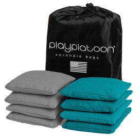 Play Platoon Weather Resistant Cornhole Bags - Set of 8 Regulation Corn Hole - Teal & Gray - Durable Duck Cloth Corn Hole for Tossing Game, Includes Tote Bag
