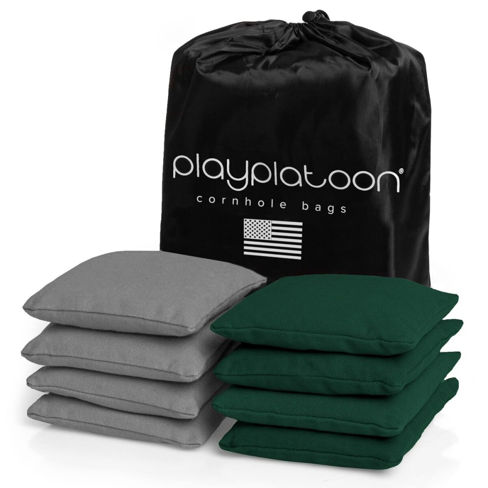Play Platoon Weather Resistant Cornhole Bags - Set of 8 Regulation Corn Hole - Hunter Green & Gray - Durable Duck Cloth Corn Hole for Tossing Game, Includes Tote Bag