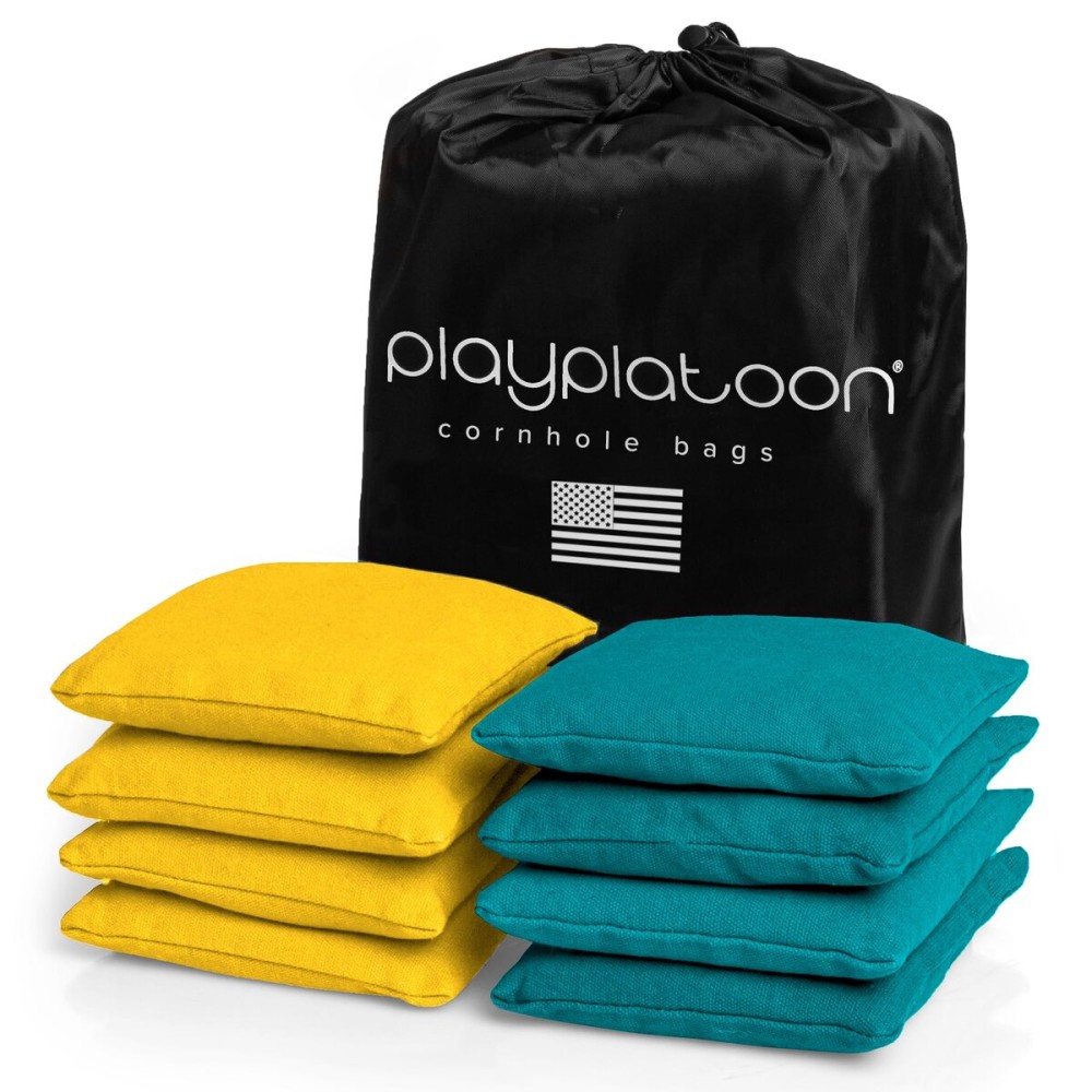 Play Platoon Weather Resistant Cornhole Bags - Set of 8 Regulation Corn Hole Bean Bags - Yellow & Teal - Durable Duck Cloth Corn Hole Bag for Tossing Game, Includes Tote Bag