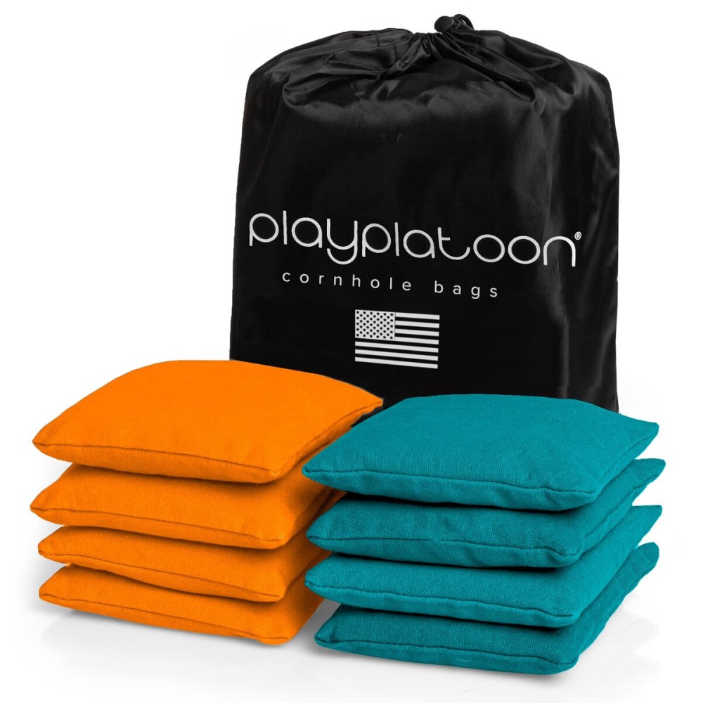 Play Platoon Weather Resistant Cornhole Bags - Set of 8 Regulation Corn Hole - Orange & Teal - Durable Duck Cloth Corn Hole for Tossing Game, Includes Tote Bag