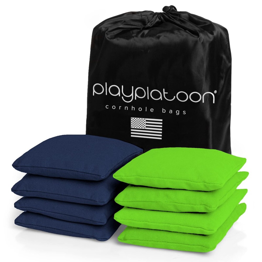Play Platoon Weather Resistant Cornhole Bags - Set of 8 Regulation Corn Hole - Navy Blue & Lime Green - Durable Duck Cloth Corn Hole for Tossing Game, Includes Tote Bag