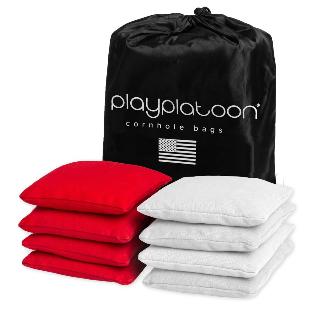 Play Platoon Weather Resistant Cornhole Bags - Set of 8 Regulation Corn Hole Bean Bags - Red & White - Durable Duck Cloth Corn Hole Bag for Tossing Game, Includes Tote Bag