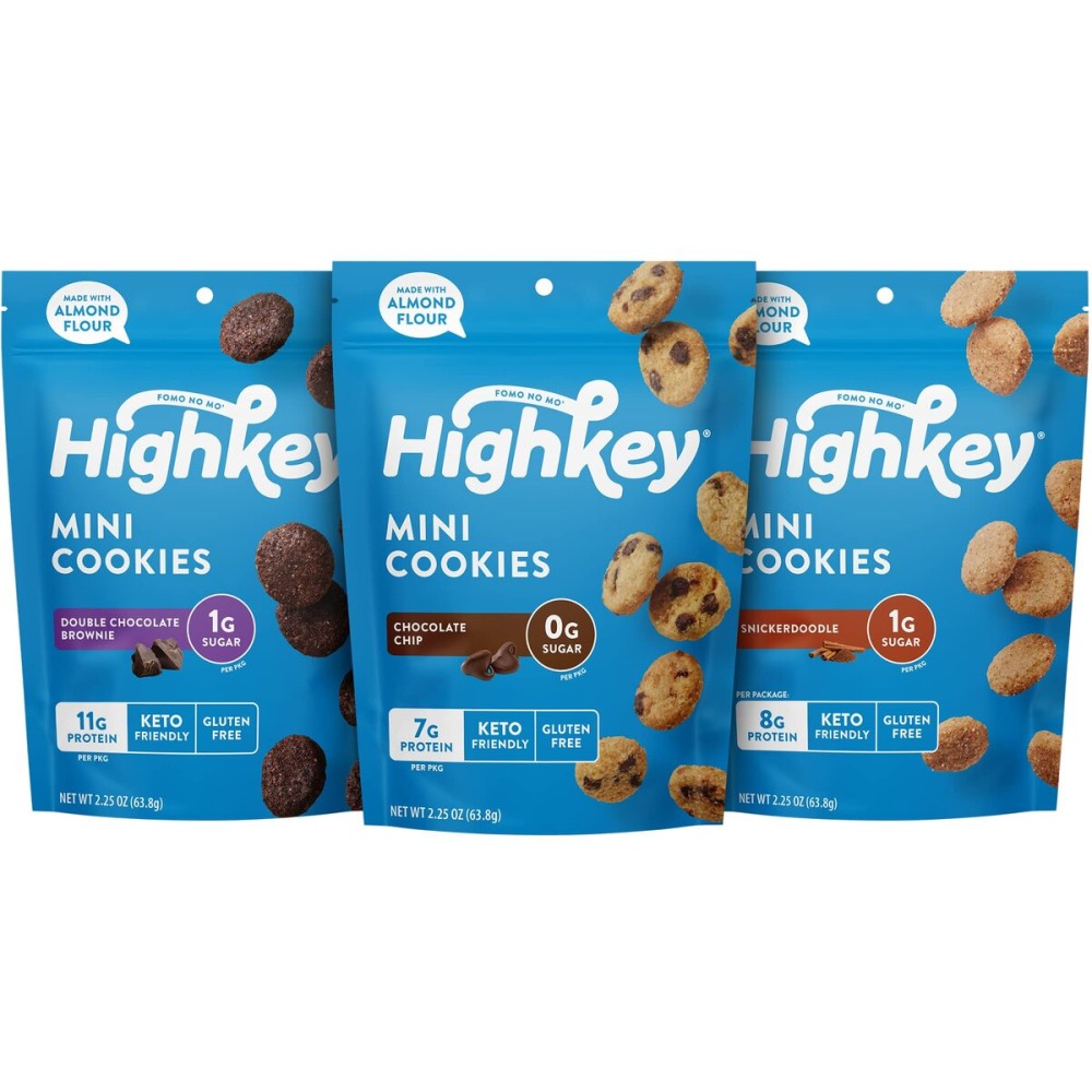 HighKey Cookies Variety Pack - 6.75oz Low Carb No Added Sugar 3-Pack Chocolate Chip Cookie, Snickerdoodle, Brownie Bites Low Carb Gluten Free Diabetic Snack Diet Friendly Food Sweets