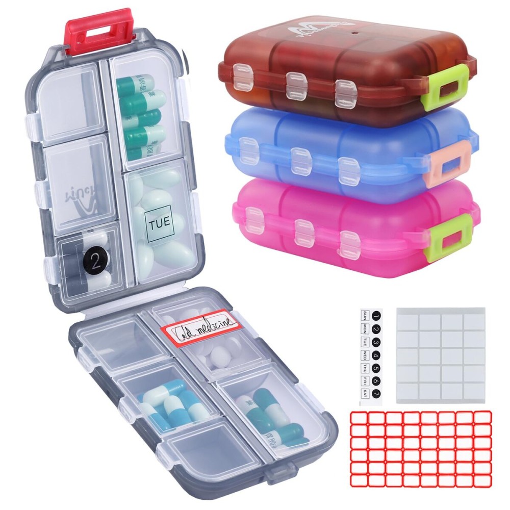 4PS Travel Pill Organizer with 164 Slice Labels10 Compartments Travel Pill Box Portable Folding Small Pill Case Daily Pill Container Used for Carry Storage Medicine Organizer by M MUchengbao