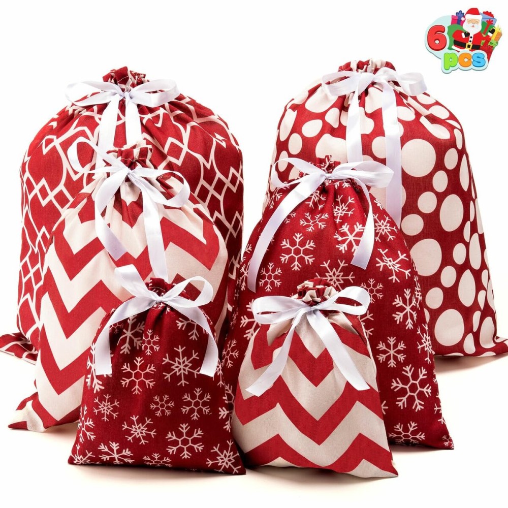 JOYIN 6 PCs Fabric Gift Bags Red Elegant Color with 3 Sizes for Each Season, holiday present Giving, Holiday Presents Dcor, Giant Gifts Decorations.