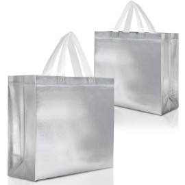 Nush Nush Silver Gift Bags Large Size - Set of 15 Reusable Silver Gift Bags With White Handles - Perfect Goodie Bag for Christmas Gifts, Birthday Party Favors, Wedding Gifts, Events -13Wx5Dx11H
