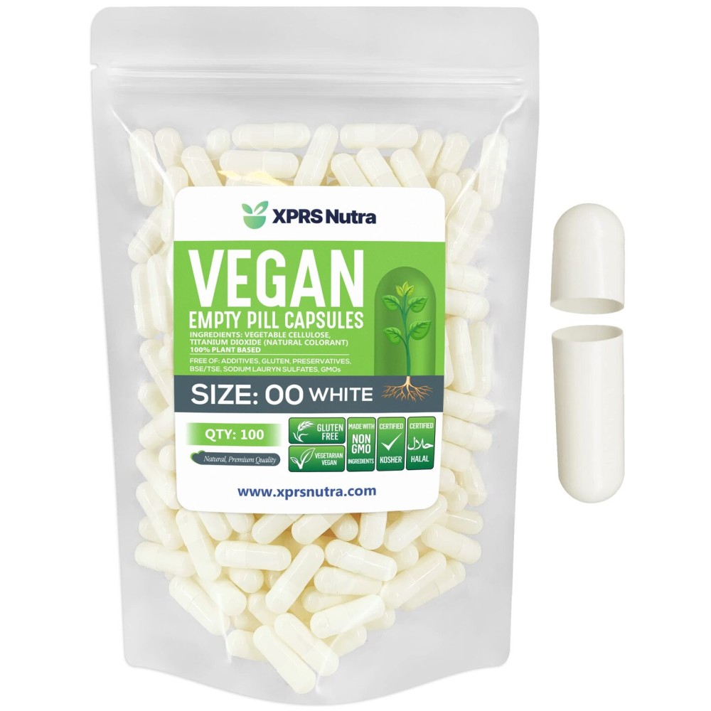 XPRS Nutra Size 00 Empty Capsules - 100 Count Empty Vegan Capsules - Vegetarian Empty Pills - DIY Vegetable Capsule Filling- Veggie Pill Caps (White)