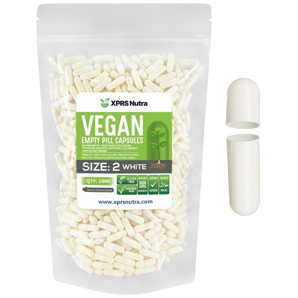 XPRS Nutra Size 2 Empty Capsules - 1000 Empty Vegan Capsules - Vegetarian Empty Pills - DIY Vegetable Capsule Filling - Veggie Caps Pills (White)