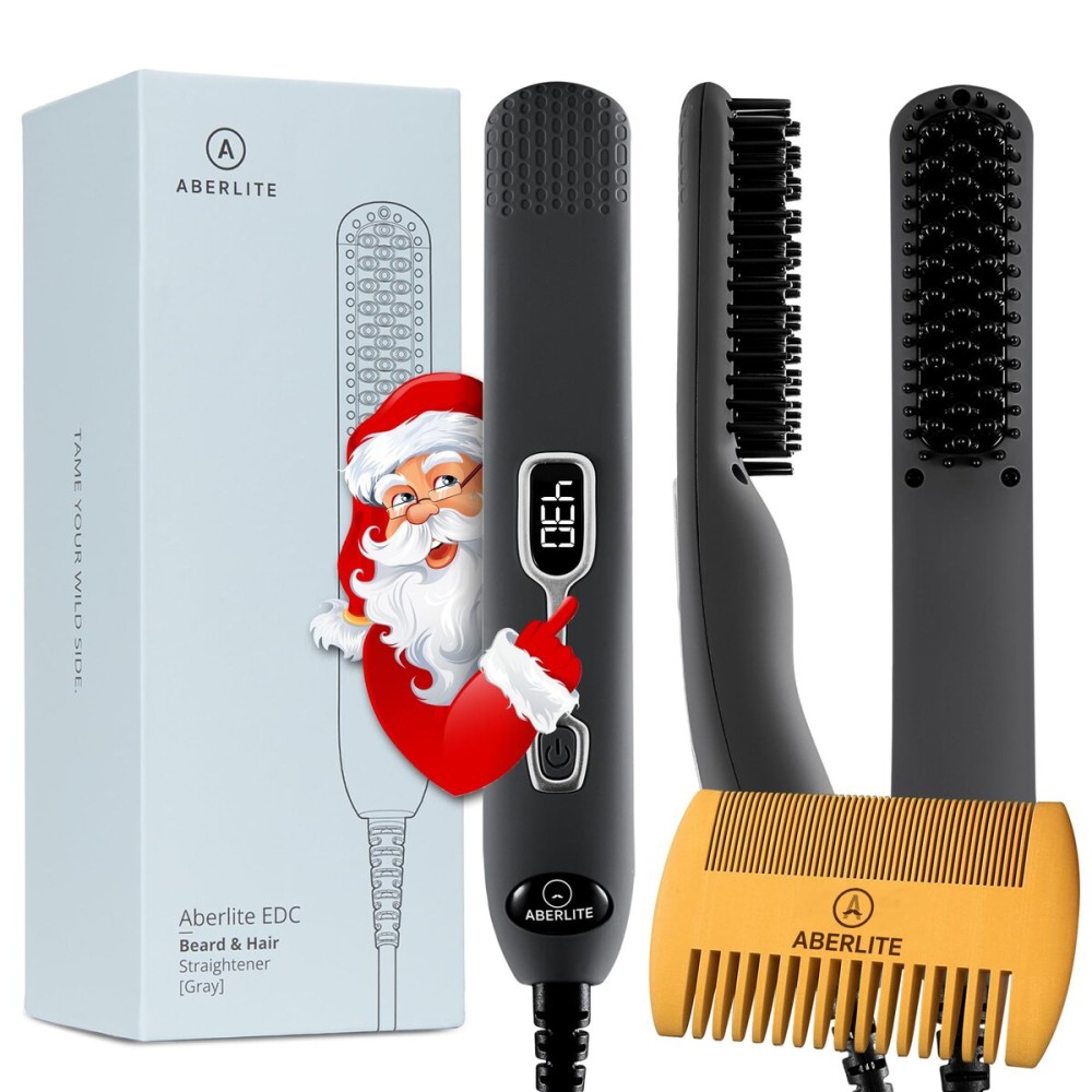 Aberlite EDC - Premium Beard Straightener Brush - Professional Heated Straightening Comb and Grooming Kit for Men (Gray)
