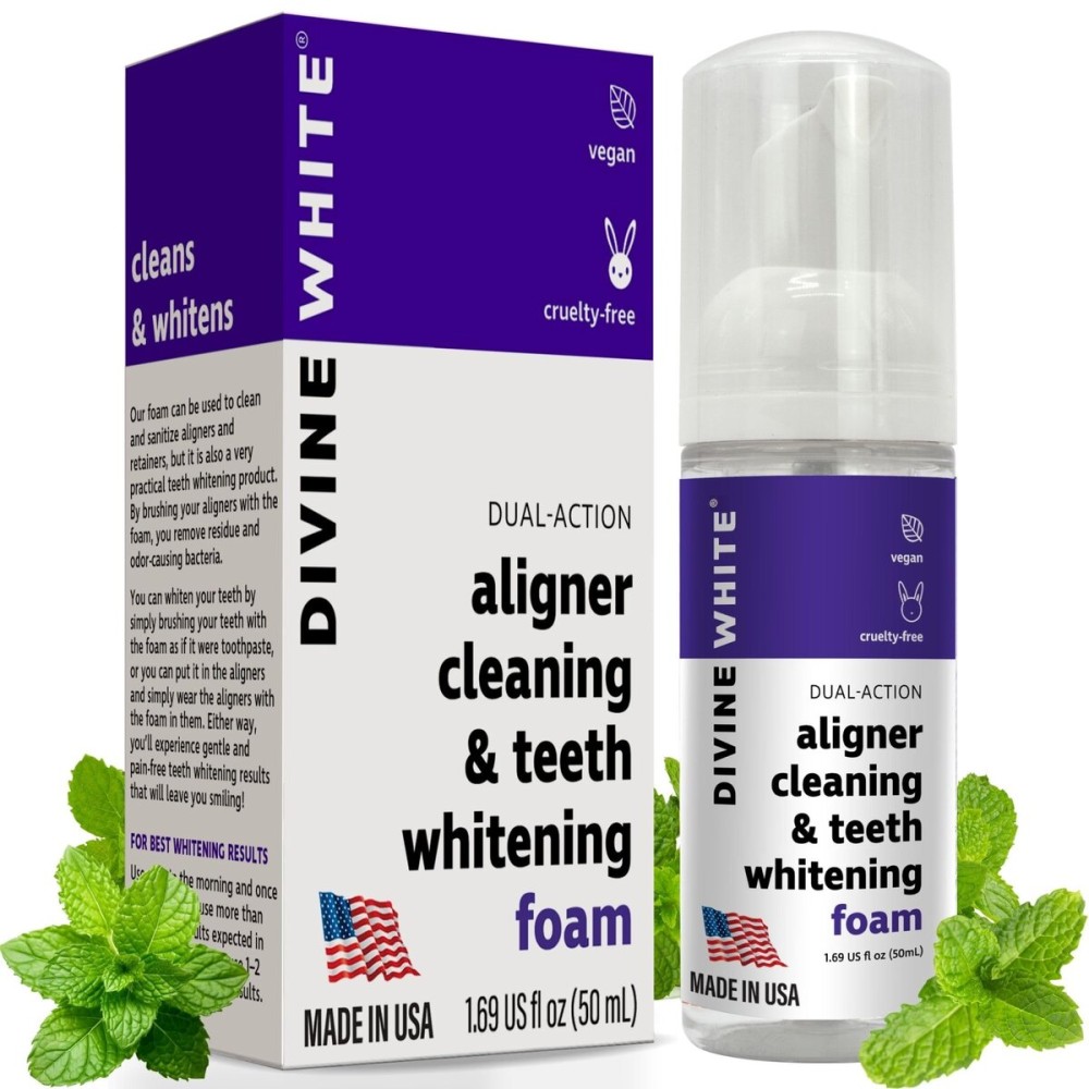 Divine White Dual-Action Stain Removal Aligner/retainer Cleaner and Teeth Whitening Foam- Hydrogen Peroxide-Good for Invisalign, ClearCorrect, SmileDirectClub, Candid -Oral Care-Toothpaste Replacement