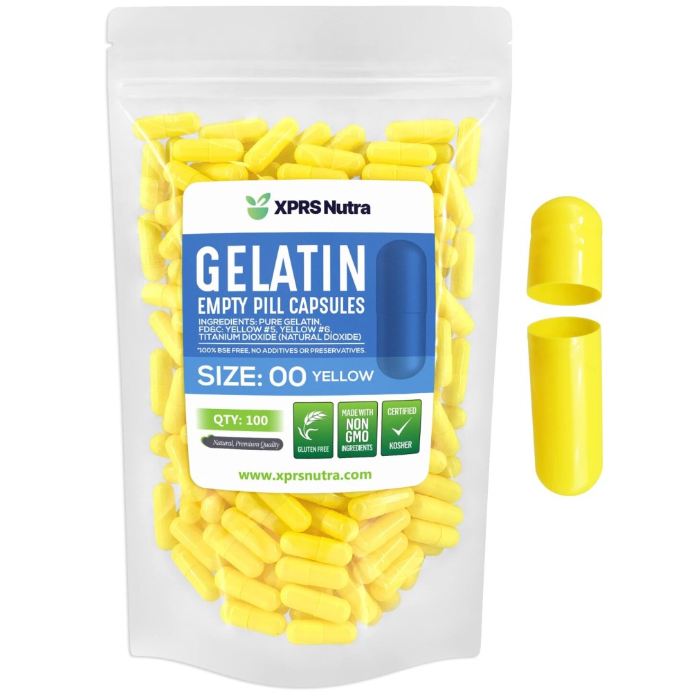 XPRS Nutra Size 00 Empty Capsules - 100 Count Empty Gelatin Capsules - Pills DIY Capsule Filling - Fillable Pill Gel Caps for Do-It-Yourself Supplements (Yellow)
