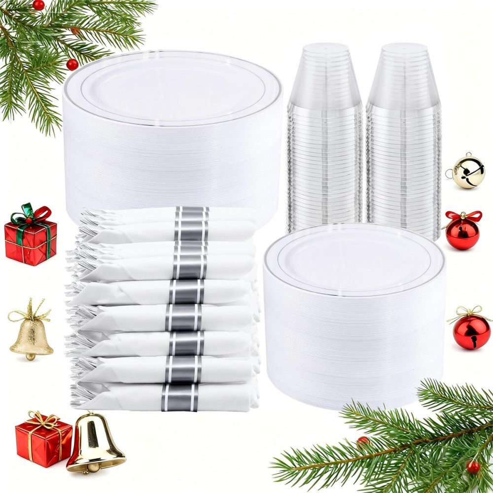 WELLIFE 350-Piece Silver Plastic Dinnerware Set - Disposable 10.25 Dinner Plates, 7.5 Dessert Plates, 9oz Silver Rim Cups & Cutlery for Weddings - 50 Guest Service - Elegant Disposable Silverware