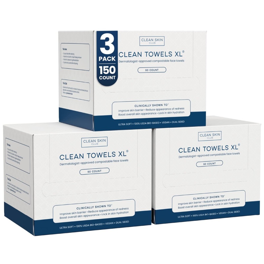 Clean Towels XL, 100% USDA Biobased Face Towel, Disposable Face Towelette, Eczema Association Accepted, Makeup Remover Dry Wipes, Ultra Soft, 50 ct per pack, 3 Packs, 150 Ct Total