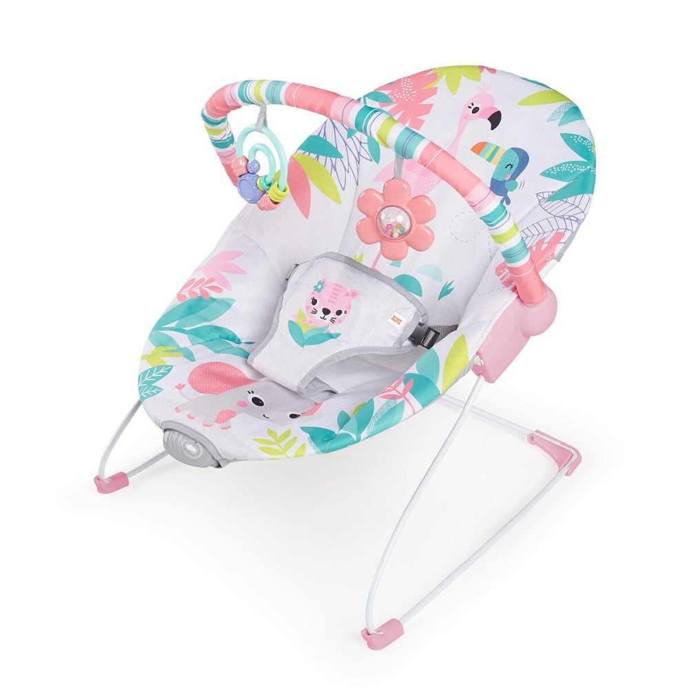 Bright Starts Baby Bouncer Soothing Vibrations Infant Seat - Removable-Toy Bar, Nonslip Feet, 0-6 Months Up to 20 lbs (Flamingo Vibes, Pink)