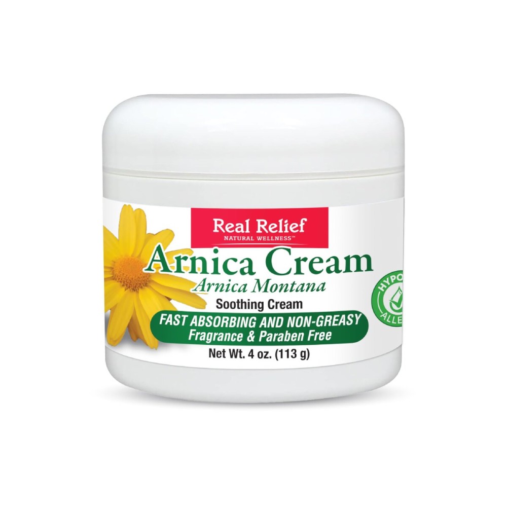 Real Relief Arnica Cream, Natural, Soothing, Non Greasy and Unscented, 4 oz (Pack of 1)