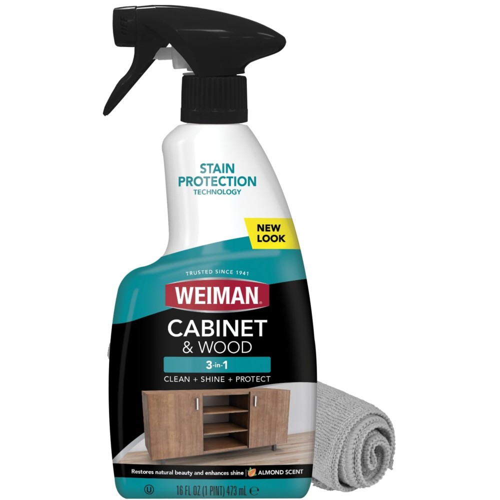 Weiman Cabinet & Wood Clean & Shine Spray - Furniture, Kitchen Cabinets, Baseboard & Trim, Fresh Almond Scent, Microfiber Cloth Included