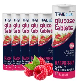 TRUEplus Glucose Tablets, Chewable, Raspberry Flavor, 15g Fast-Acting Carbohydrates, Fat Free, Gluten Free, Raise Low Blood Sugar and Boost Energy, 10 Count, 6 Tubes