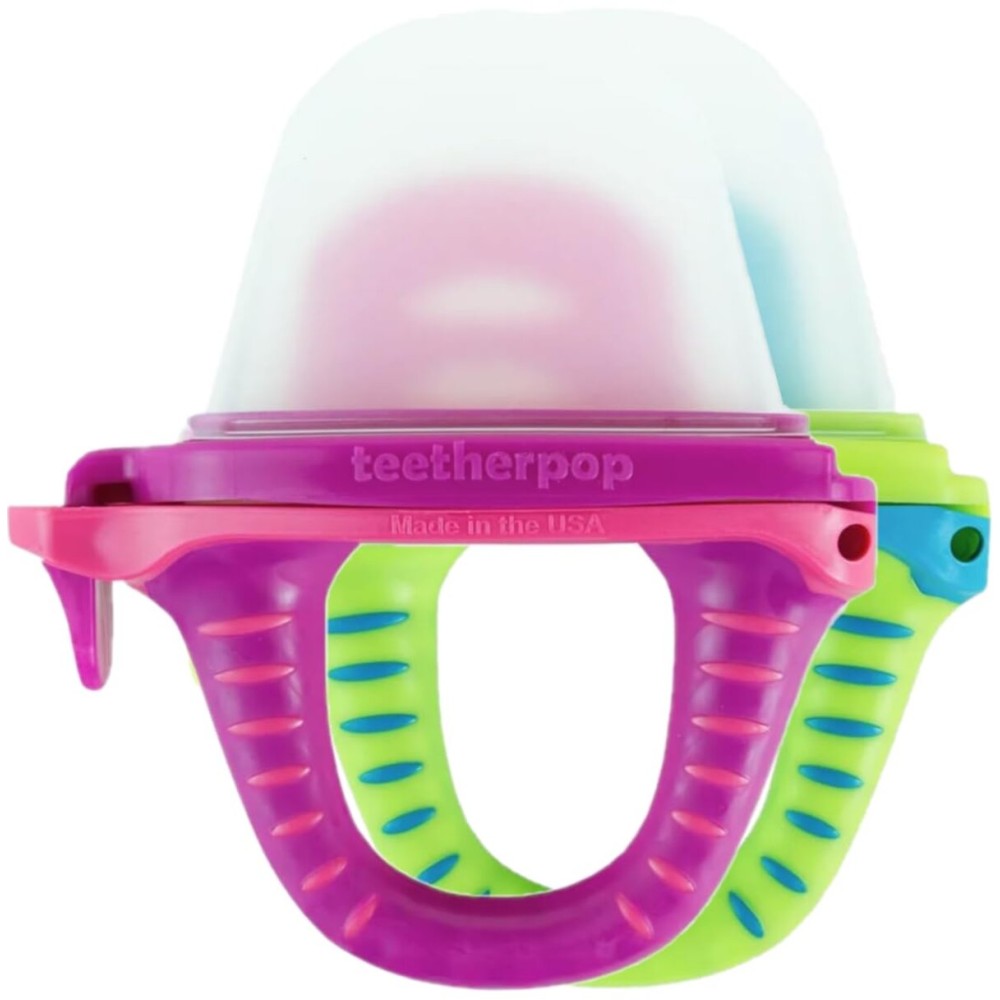 Teetherpop Fillable Silicone Teether for Babies (2-Pack) - Breastmilk Popsicle Molds for Teething w/Spill-Proof Sippy Slits - Freezable Baby Teethers for Liquids & Pures (Fuchsia/LimonTeal)