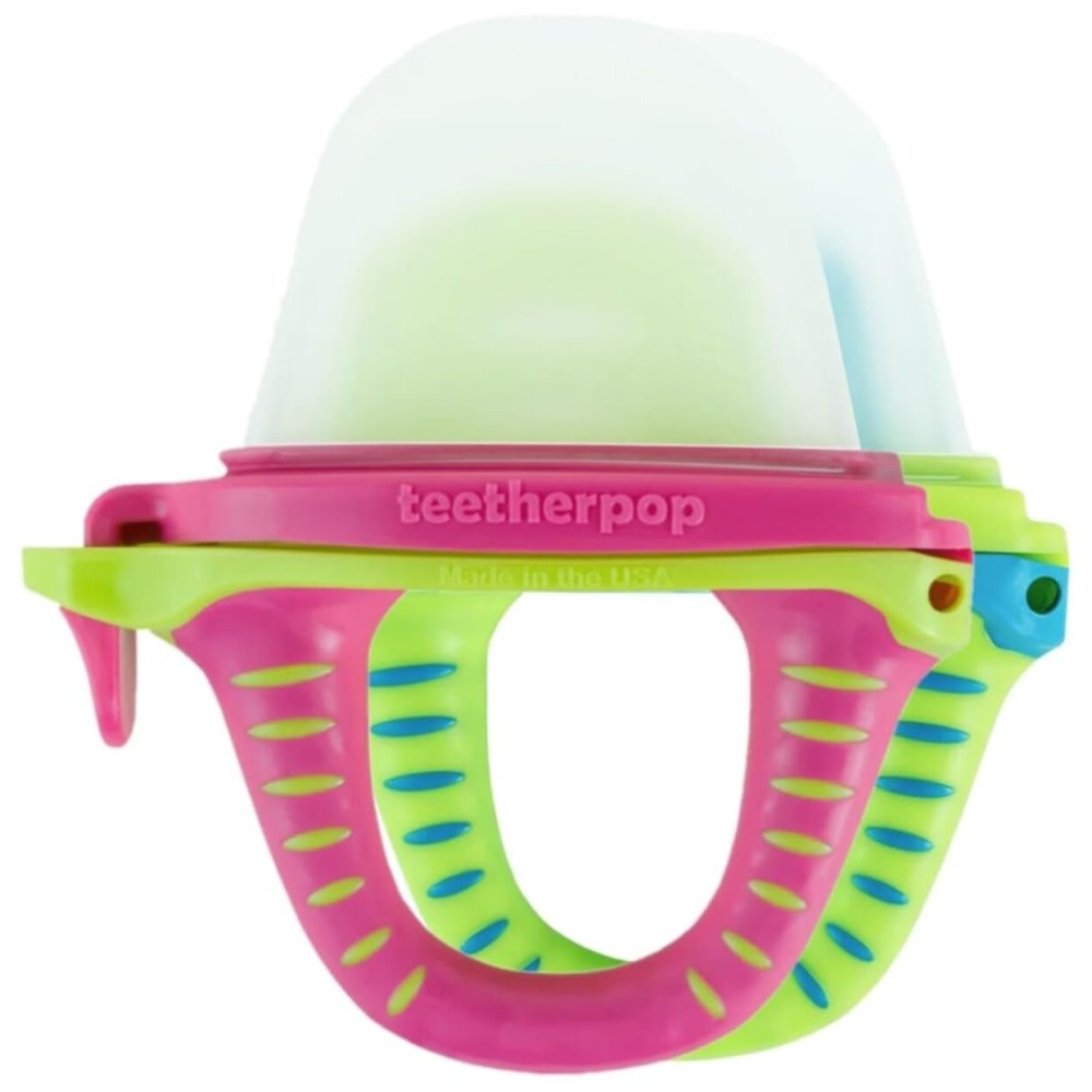 Teetherpop Fillable Silicone Teether for Babies (2-Pack) - Breastmilk Popsicle Molds for Teething w/Spill-Proof Sippy Slits - Freezable Baby Teethers for Liquids & Pures (PinkLemon/LimonTeal)