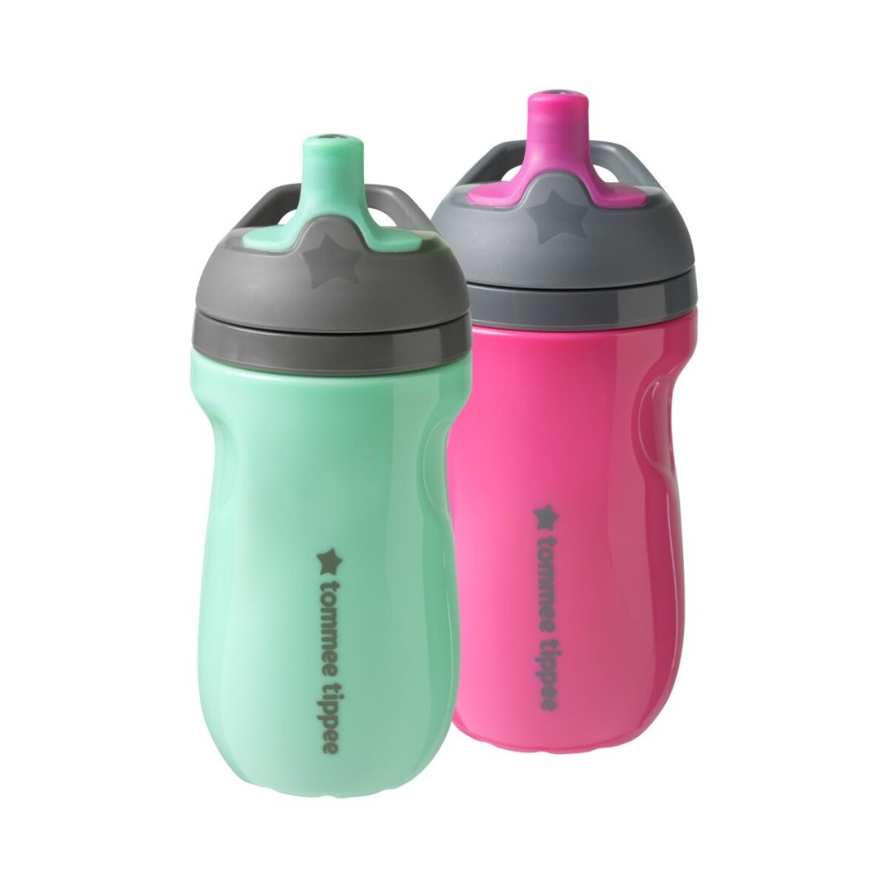 Tommee Tippee Insulated 9oz Sporty Spout Toddler Water Bottle, No Spill, Sippy Cups for Toddlers 1-3, Two-Piece Valve Helps Stop Spills, Hot Pink & Mint, BPA Free, Pack of 2
