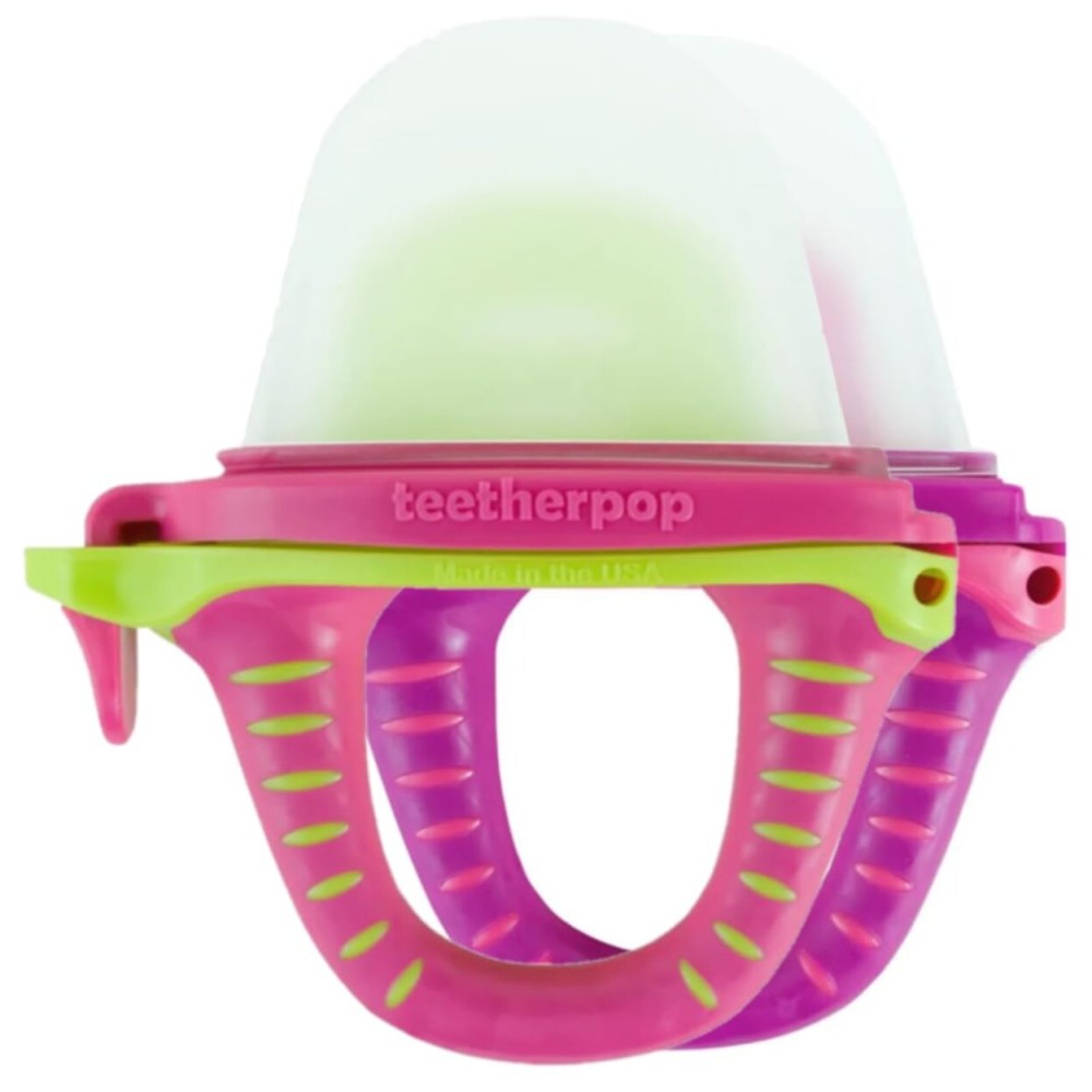 Teetherpop Fillable Silicone Teether for Babies - Breastmilk Popsicle Molds for Teething with Spill-Proof Sippy Slits - Freezable Baby Teethers for Liquids & Pures - Cool Relief (PinkLimon & Fuchsia)