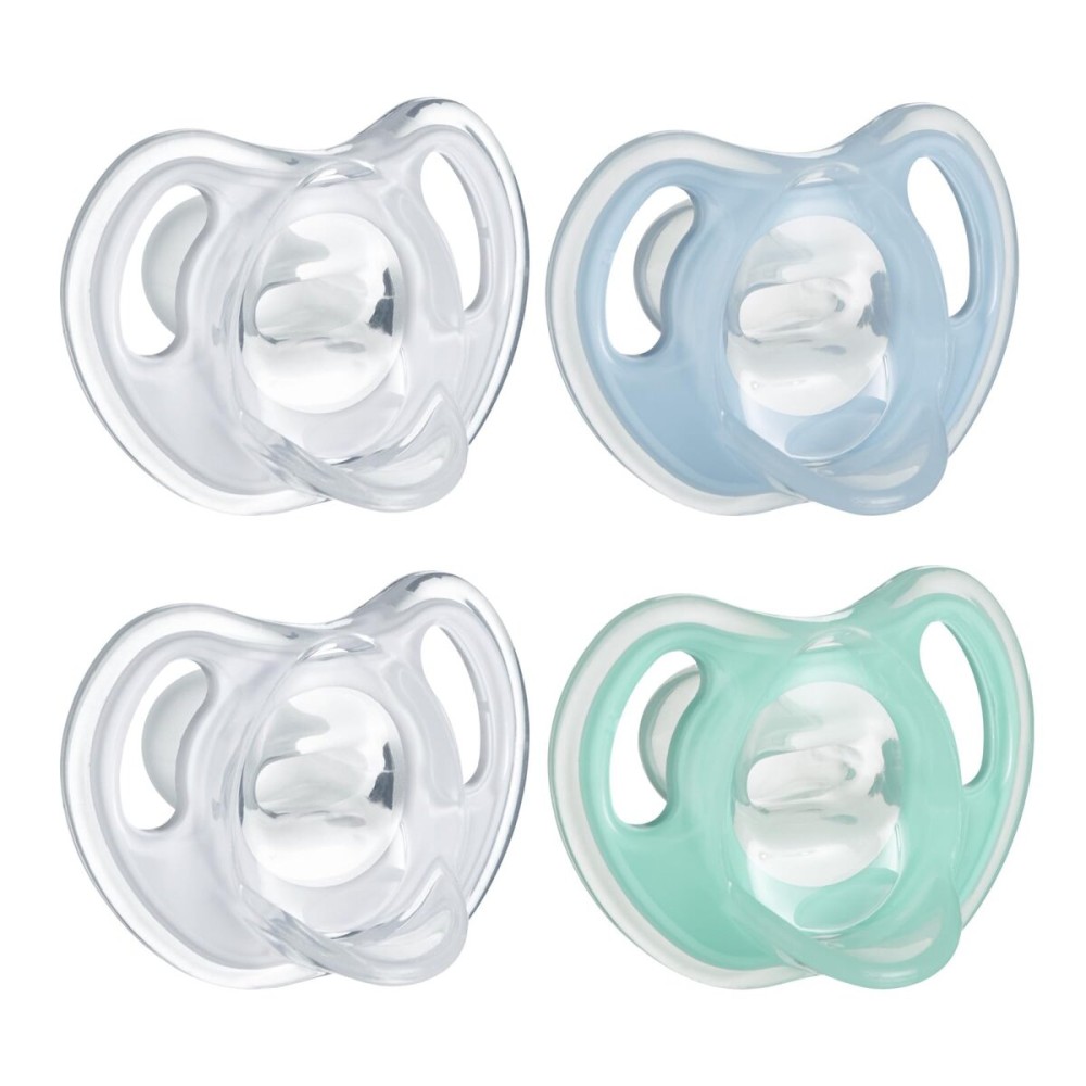 Tommee Tippee Ultra-Light Silicone Pacifier, 0-6 Months, Symmetrical One-Piece Design, BPA-Free Silicone Binkies, Clear/Blue/Green, Pack of 4