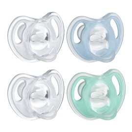 Tommee Tippee Ultra-Light Silicone Pacifier, 0-6 Months, Symmetrical One-Piece Design, BPA-Free Silicone Binkies, Clear/Blue/Green, Pack of 4