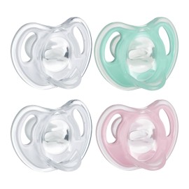 Tommee Tippee Ultra-Light Silicone Pacifier, 0-6 Months, Symmetrical One-Piece Design, BPA-Free Silicone Binkies, Clear/Green/Pink, Pack of 4