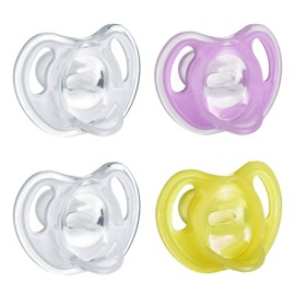 Tommee Tippee Ultra-Light Silicone Pacifier, 6-18 Months, Symmetrical One-Piece Design, BPA-Free Silicone Binkies, Clear/Pink/Yellow, Pack of 4